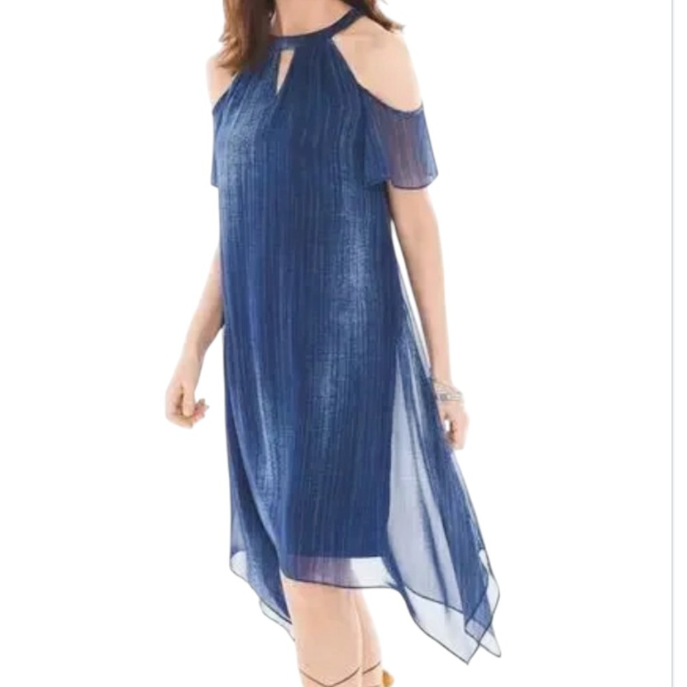 CHICO'S Lined Chiffon Dress HALTER COLD SHOULDER Blue Denim-Looking Print SZ M/1